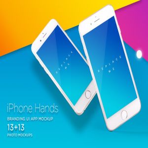 手持iPhone样机模板 iPhone Mock-up Brending Templates with Vivid Bcg’s