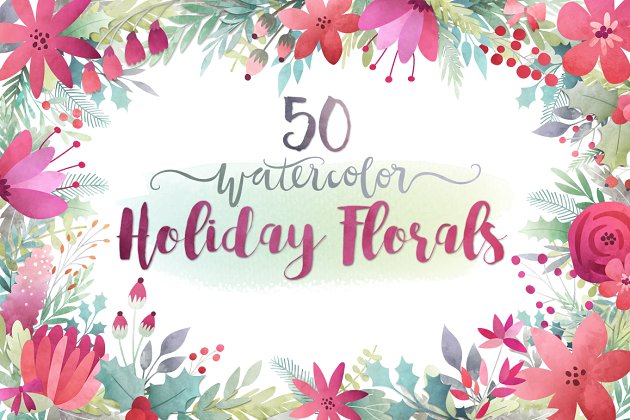 节日花卉水彩剪贴画图案 Watercolor Holiday Florals