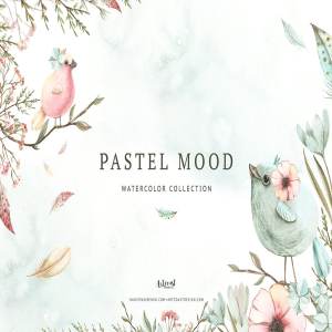小鸟、树叶&花卉水彩粉画剪贴画 Watercolor Pastel Mood
