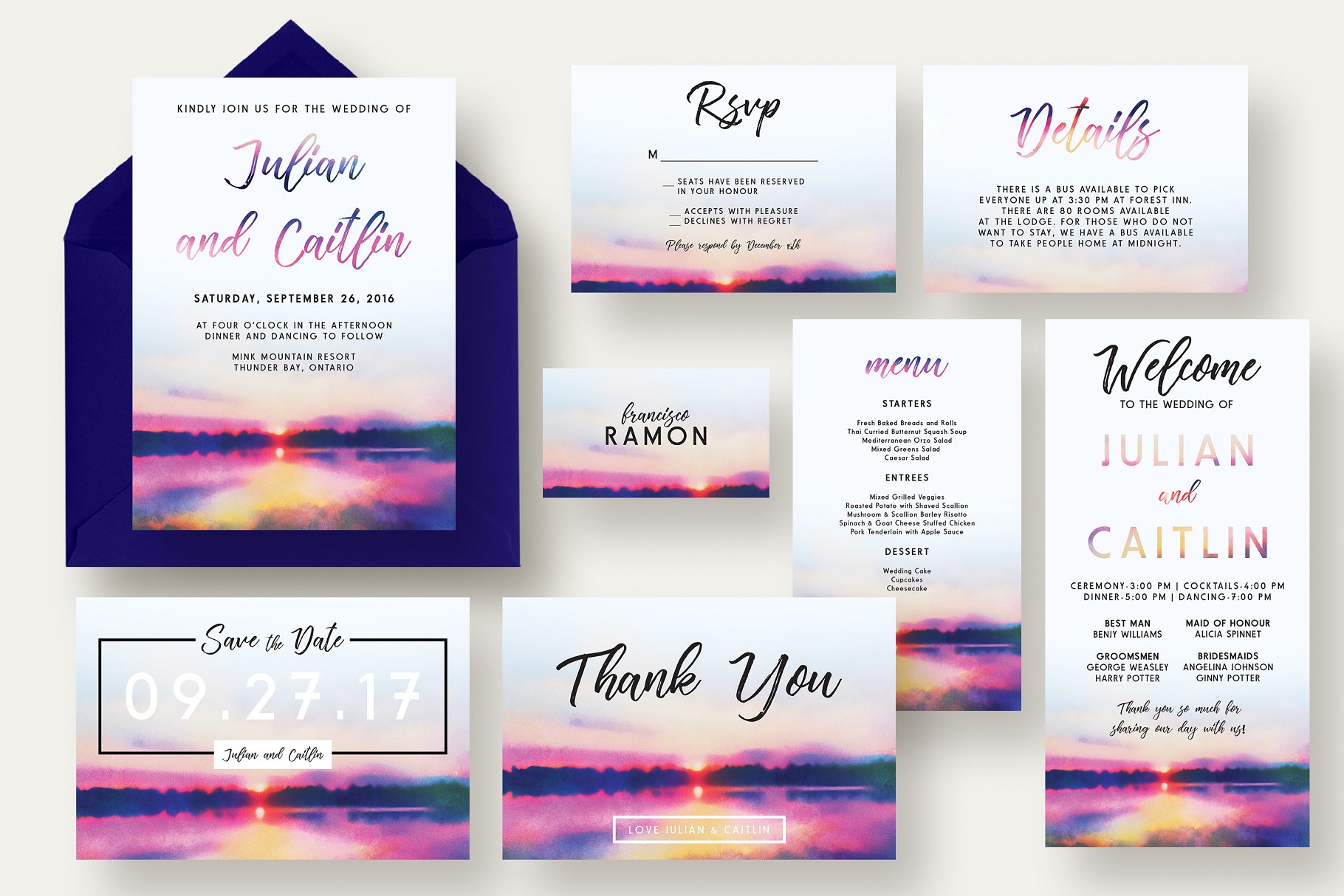 日落湖泊婚礼请柬套装 Sunset Lake Wedding Invitation Suite