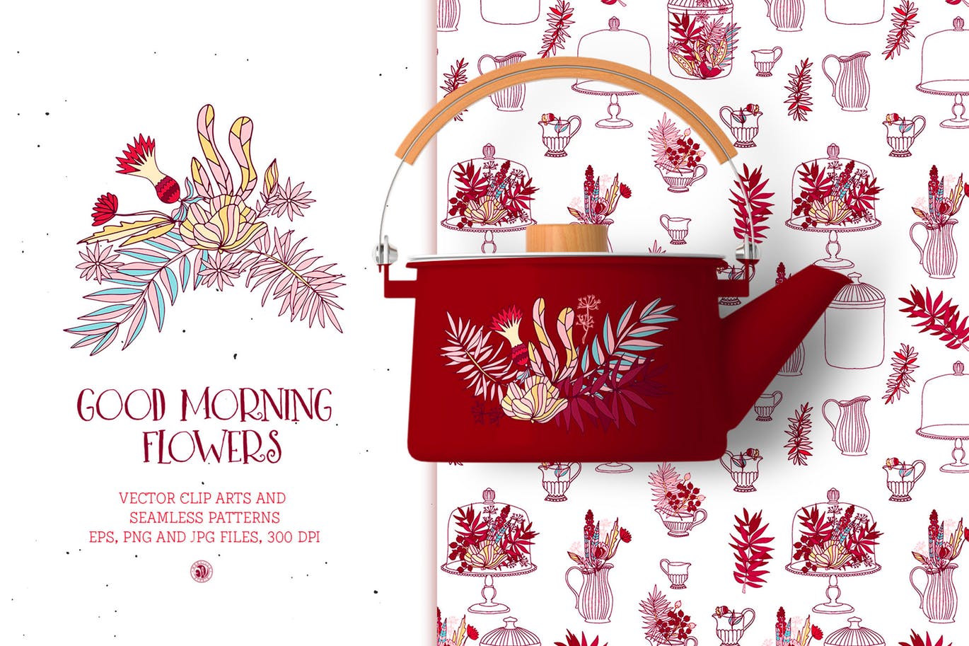 插花艺术水彩手绘图案无缝花样纹理背景素材 Good Morning Flowers