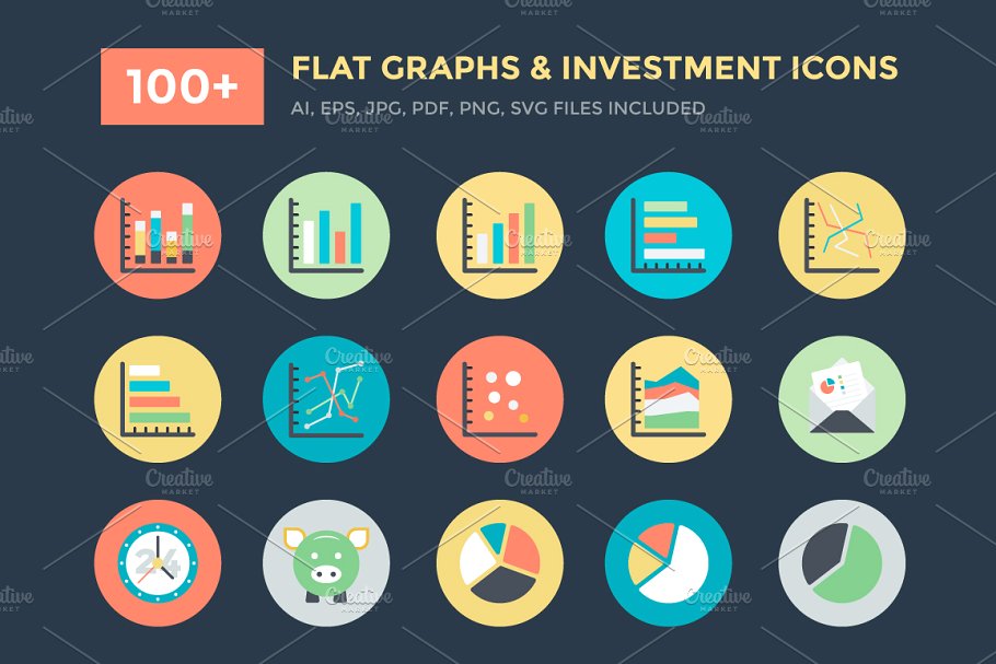 100+图表信息＆投资主题图标素材 100+ Flat Graphs and Investment Icon