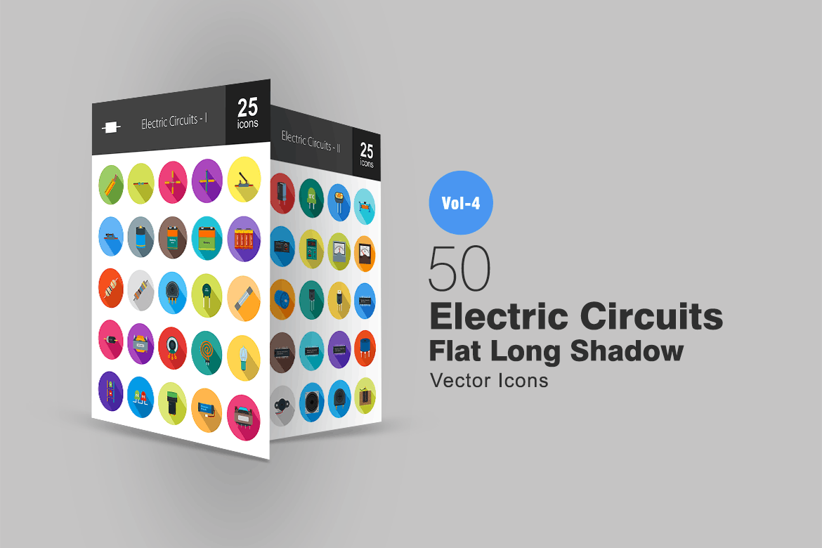 50枚电路线路板主题扁平化阴影图标 50 Electric Circuits Flat Shadowed Icons