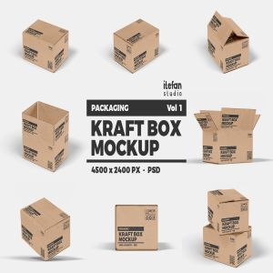 牛皮纸箱包装设计效果图样机v1 Kraft Box Mockup – Packaging Vol 1
