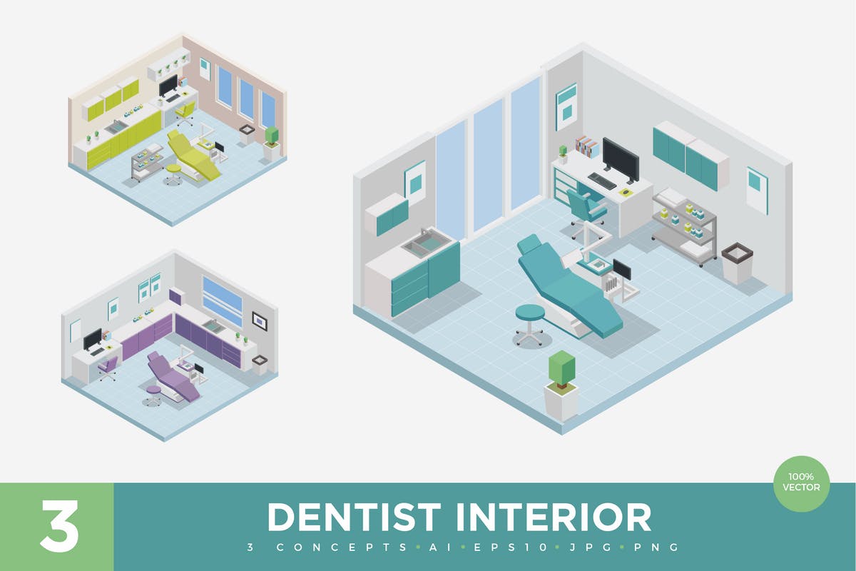 3款牙医诊所场景等距矢量插画 3 Isometric Dental Clinic Interior Vector Set 1