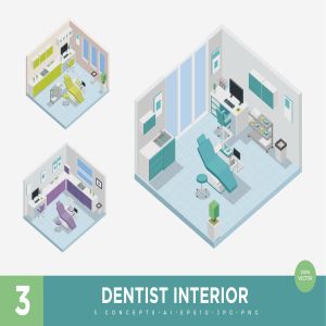 3款牙医诊所场景等距矢量插画 3 Isometric Dental Clinic Interior Vector Set 1