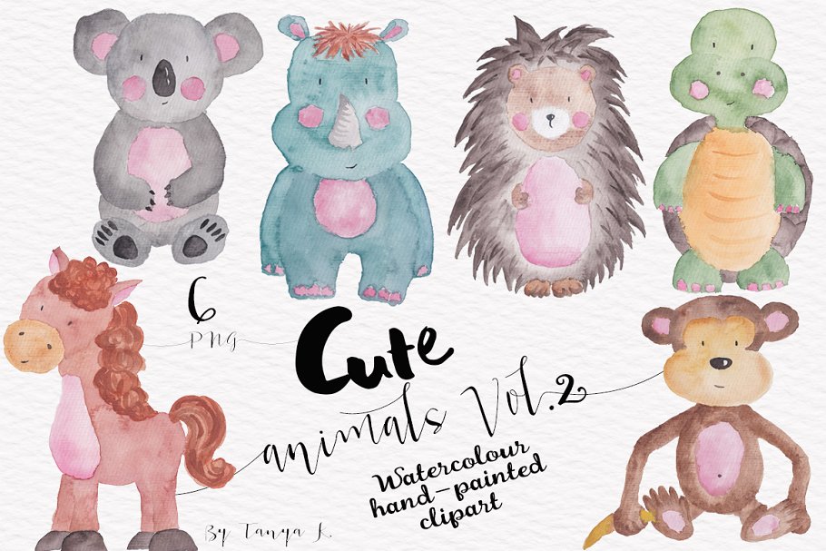 可爱卡通动物水彩剪贴画 Cute Watercolor animals clipart