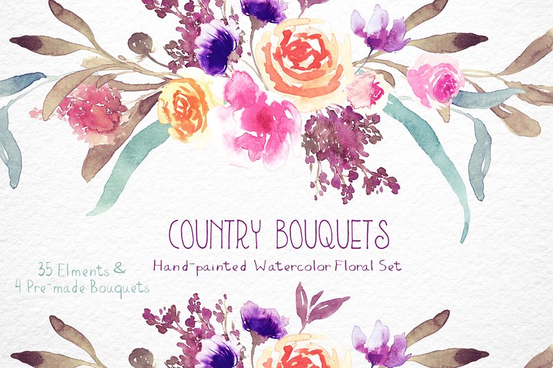 乡村水彩花束花卉剪贴画 Country Bouquets – Watercolor Floral