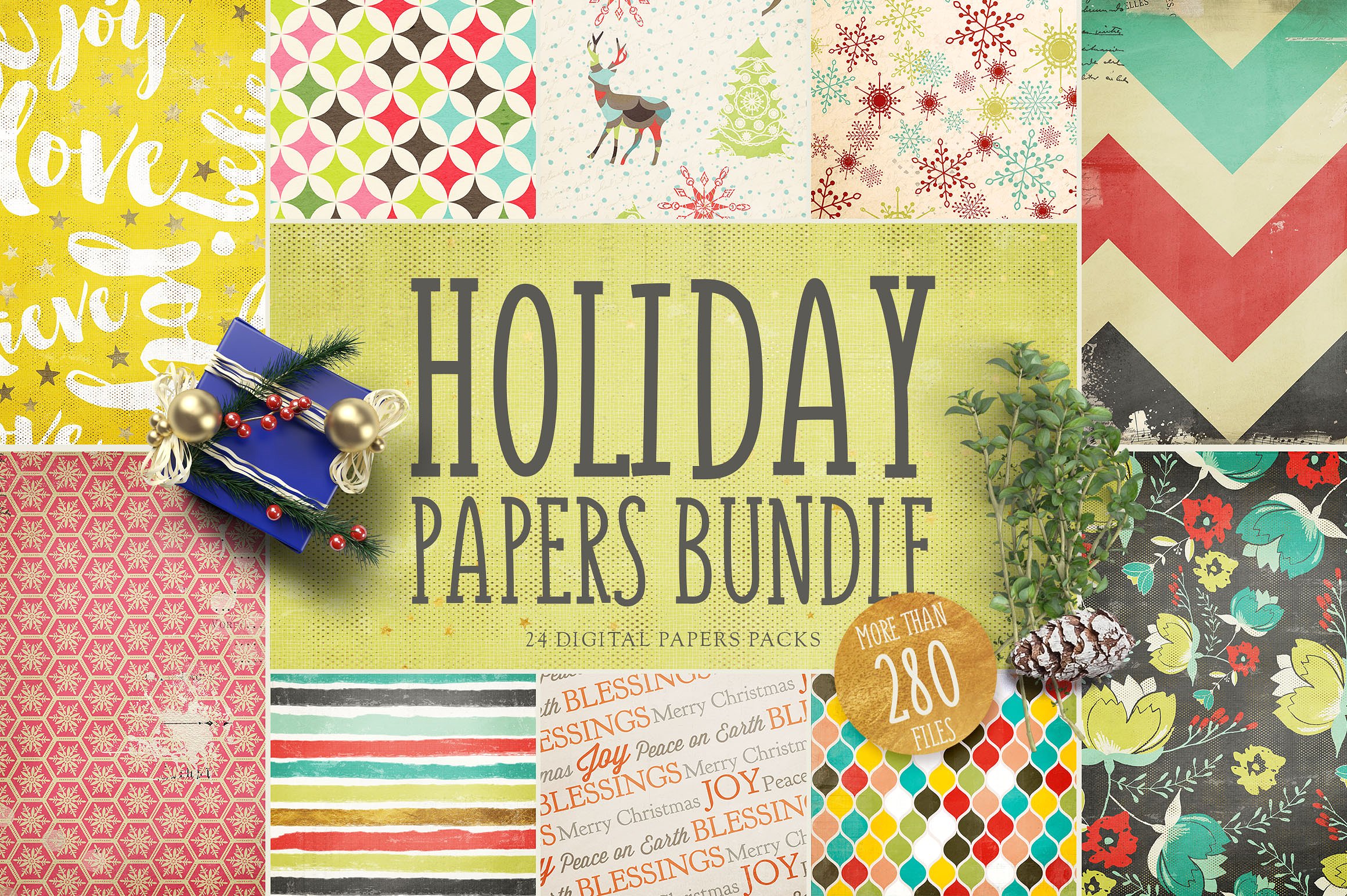 节日氛围数码纸张礼品包装纸张纹理合集 Holiday Digital Papers Bundle