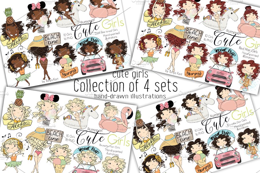 4组夏日少女剪贴画 Collection of 4 Sets Girls Summer