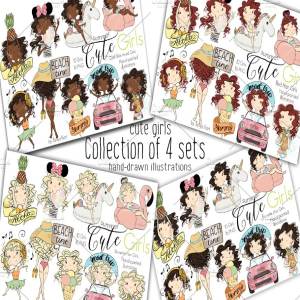 4组夏日少女剪贴画 Collection of 4 Sets Girls Summer