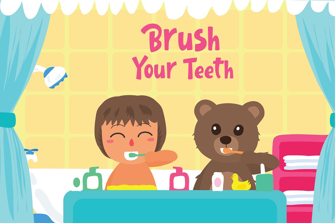 儿童爱牙护牙爱牙日主题矢量插画素材 Brush Teeth – Vector Illustration