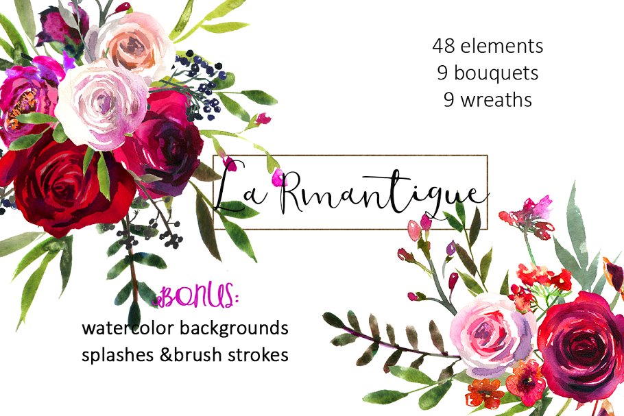 勃艮第红粉水彩花卉剪贴画 Burgundy Red Pink Flowers Clipart