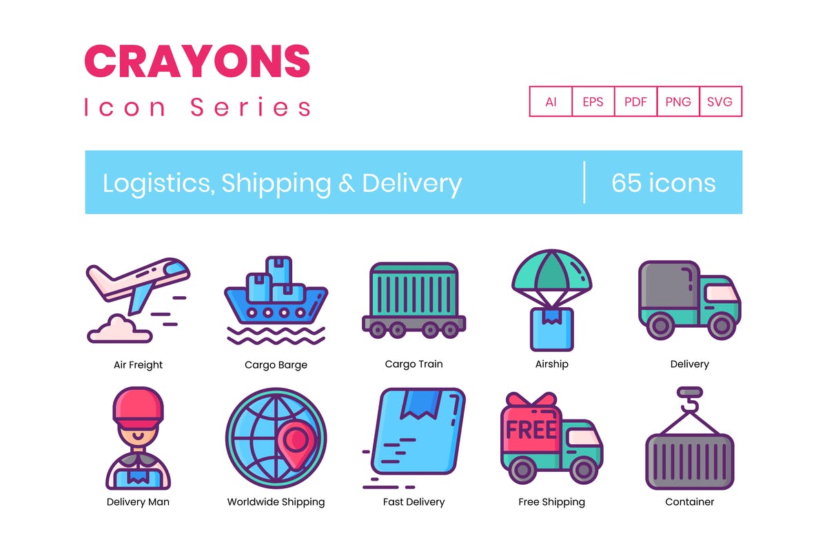 65枚蜡笔手绘物流与航运主题图标 65 Logistics & Shipping Icons | Crayons Series