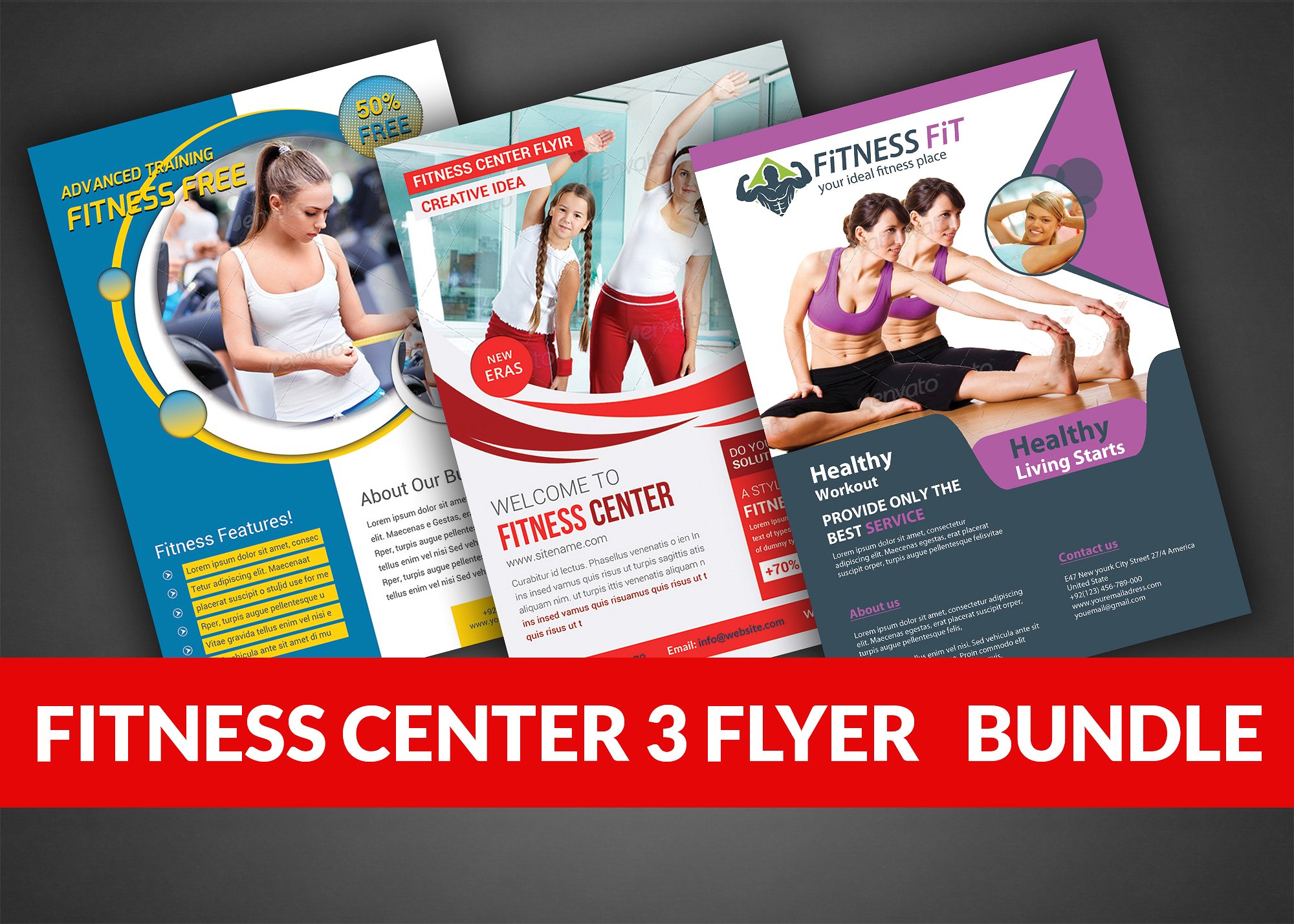 健身俱乐部宣传传单模板 Fitness Flyer Bundle Print Templates