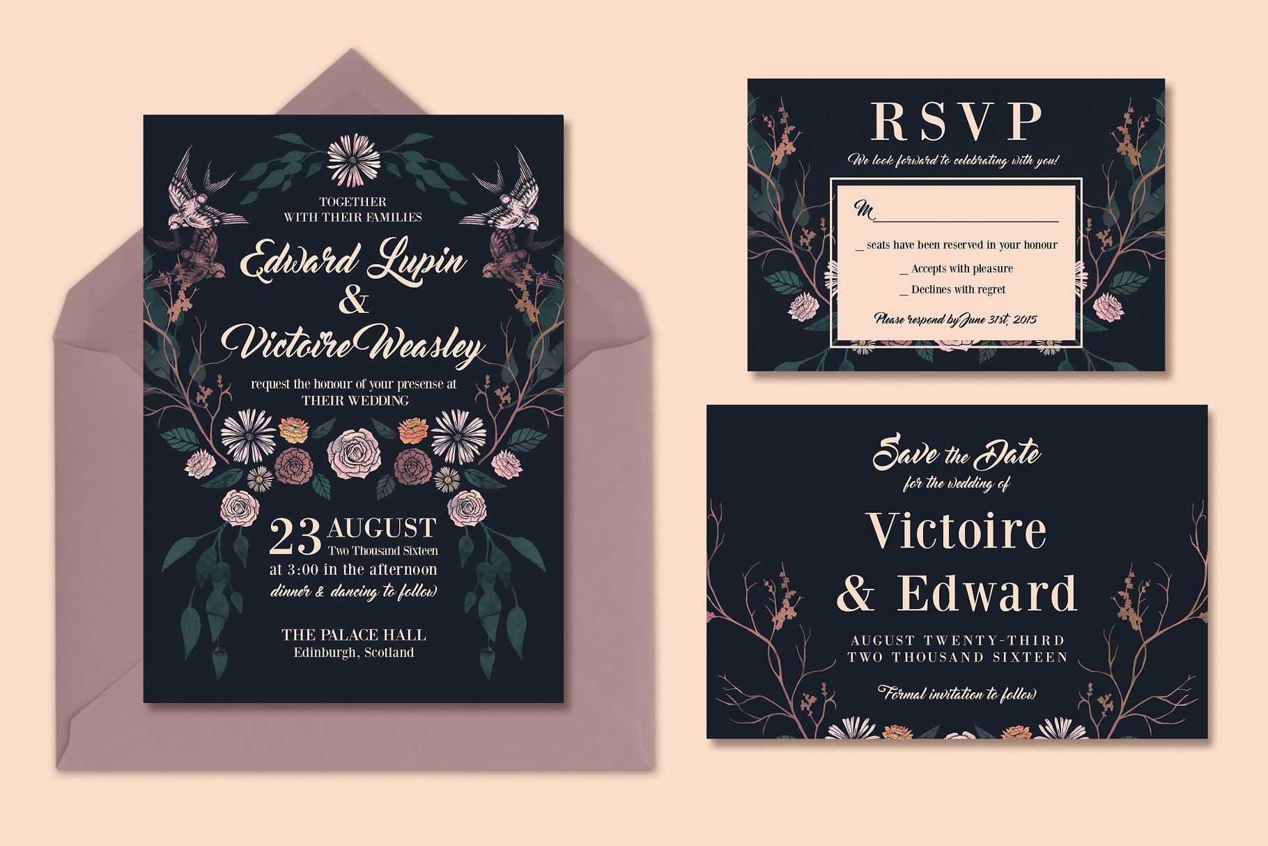 暗色调婚礼邀请函设计模板套装 Rich, Dark & Magical Wedding Suite