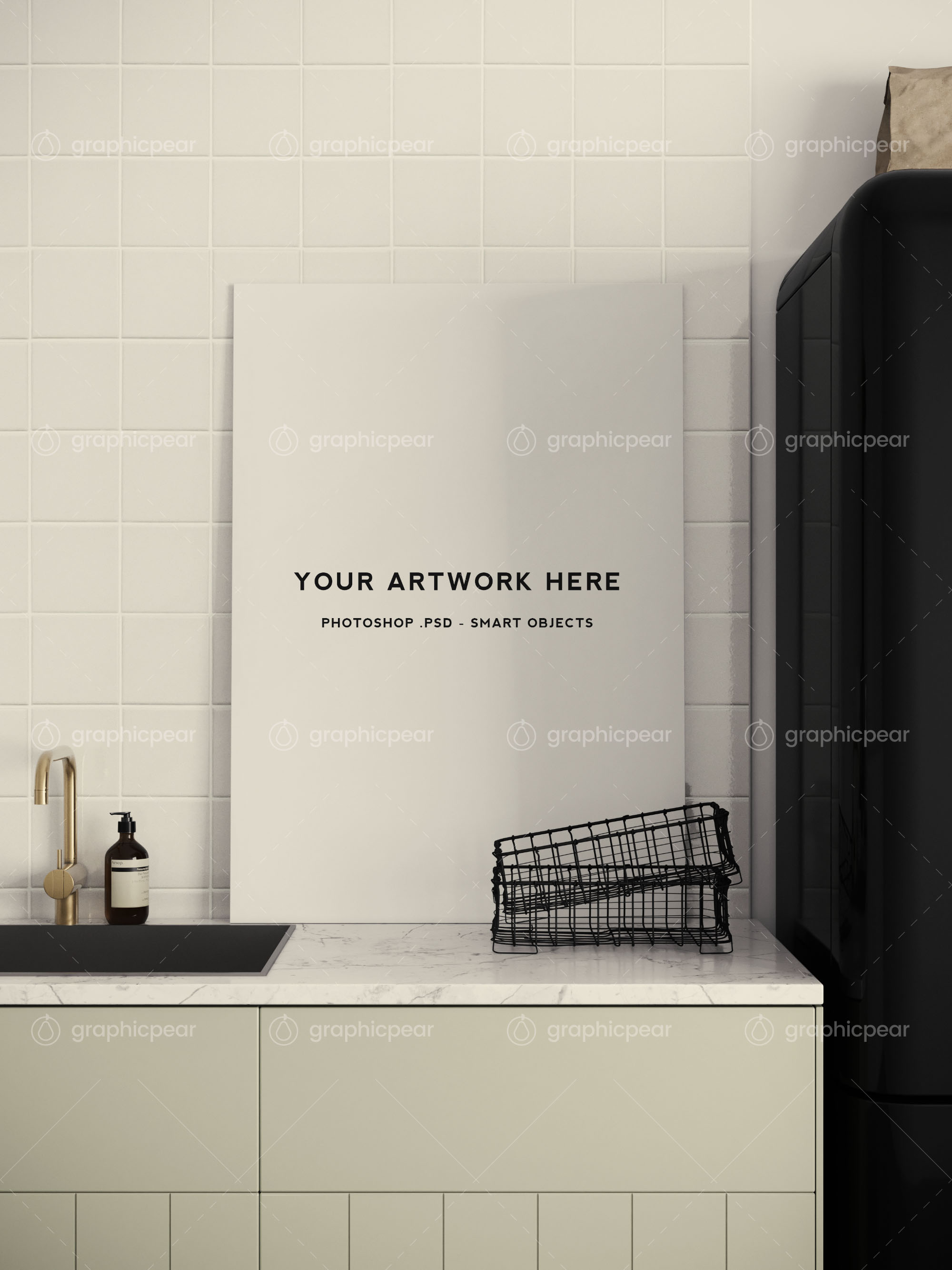 厨房场景海报设计效果图预览样机 Poster Mockup in Kitchen Scene Setting