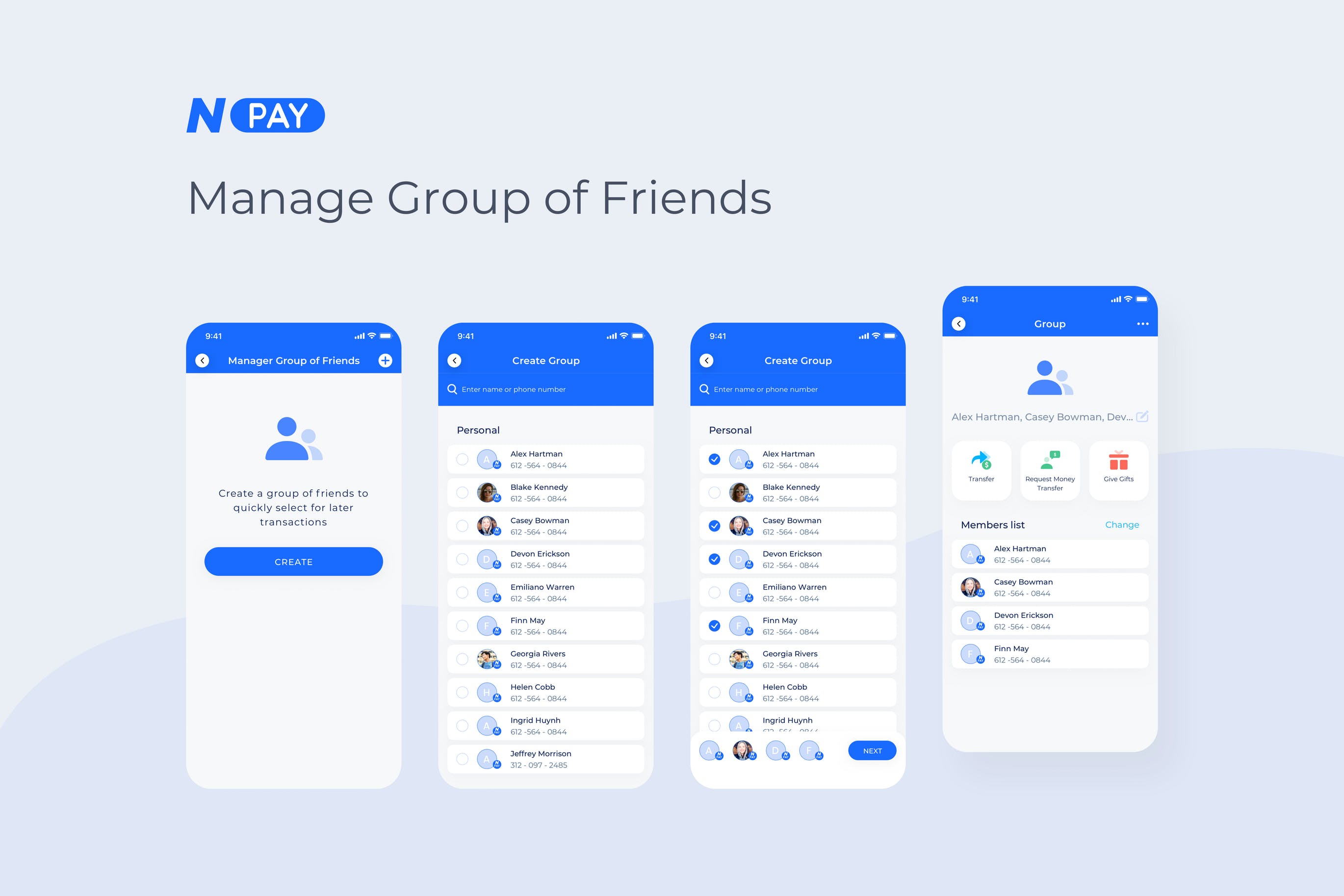电子钱包APP应用UI设计之好友分组管理界面设计模板 Manager Group of Friends – Wallet Mobile UI – N