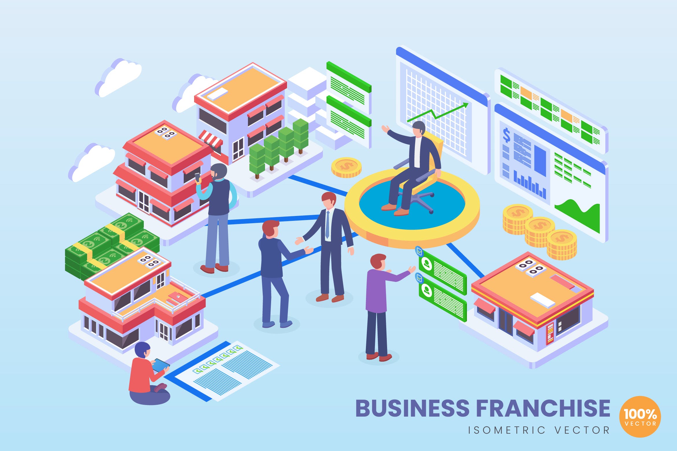 商业特许经营主题2.5D矢量等距概念插画 Isometric Business Franchise Vector Concept
