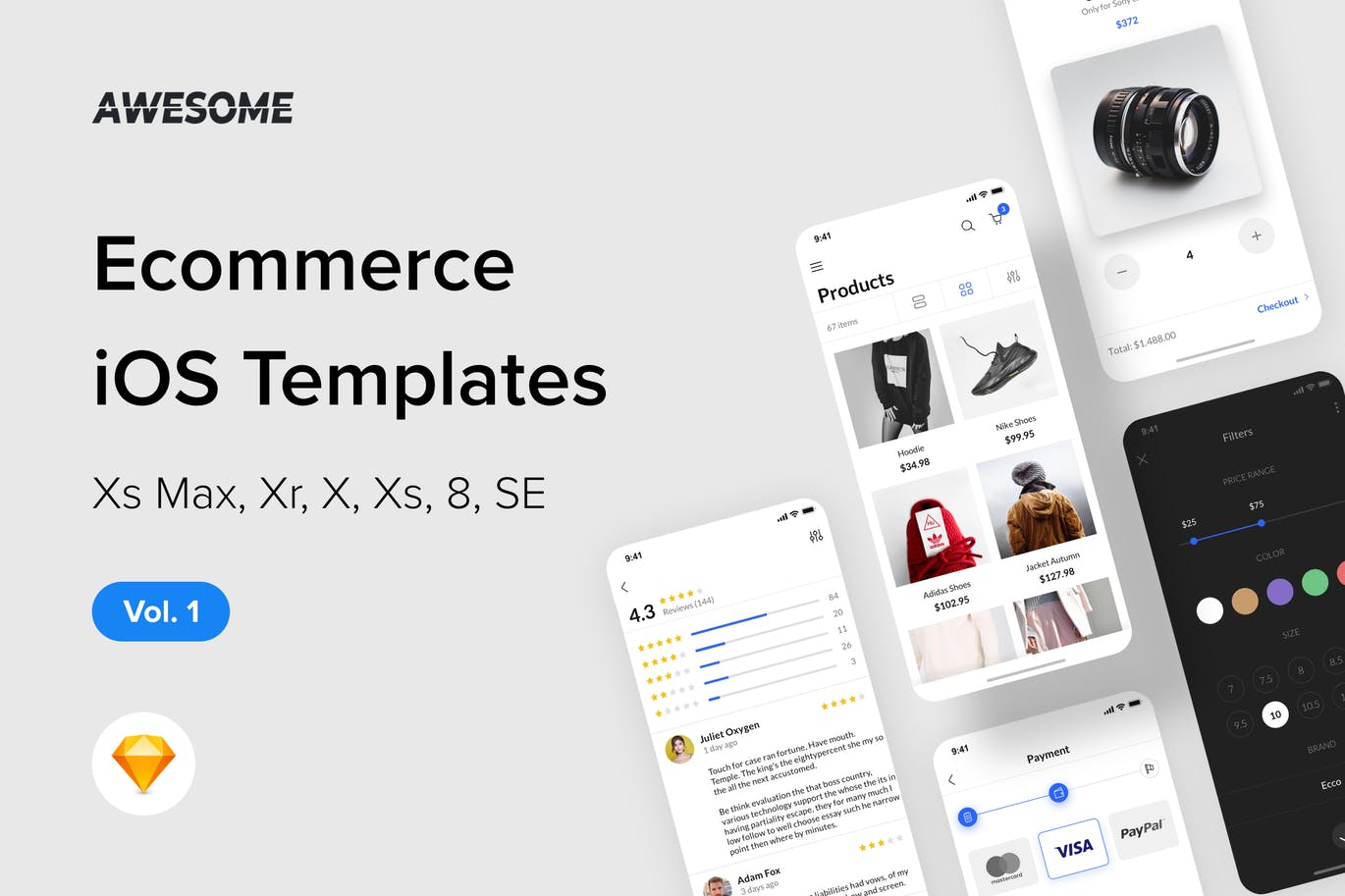 iOS手机网上商城APP应用UI设计套件SKETCH素材v1 Awesome iOS UI Kit – Ecommerce Vol. 1 (Sketch)