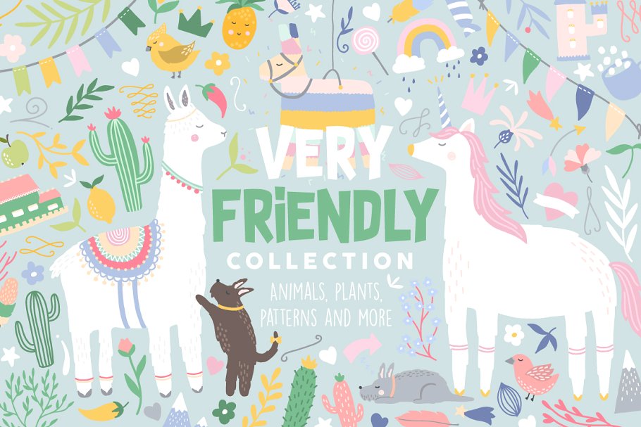 充满爱的手绘动植物剪贴画&纹理 Very Friendly Collection Pro