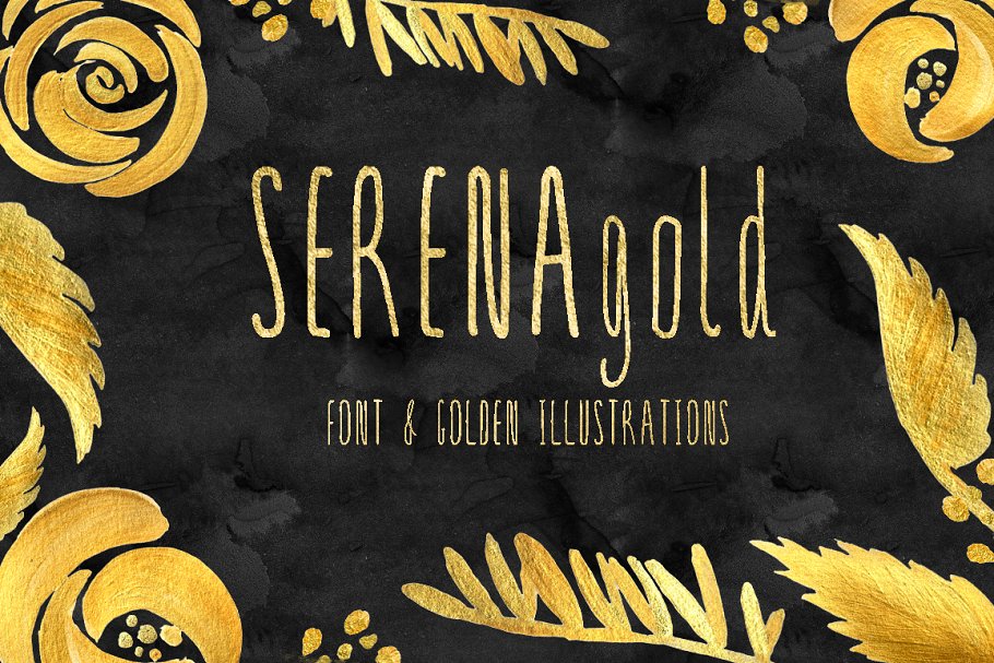 修长手写英文艺术无衬线字体 SERENA gold. Font & golden flowers.