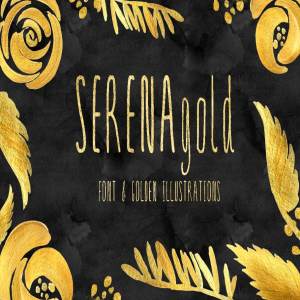 修长手写英文艺术无衬线字体 SERENA gold. Font & golden flowers.