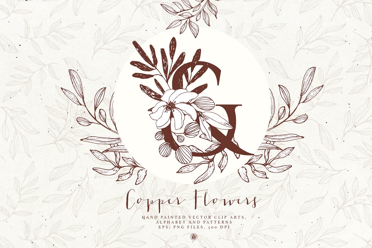 古铜色花卉字母插画套装