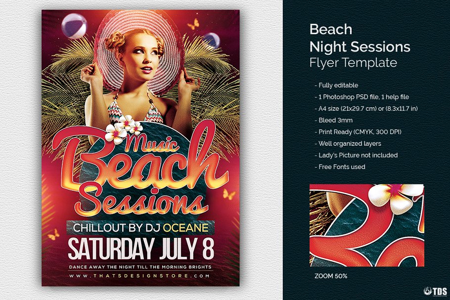 沙滩之夜海滩派对活动传单PSD模板 Beach Night Sessions Flyer PSD