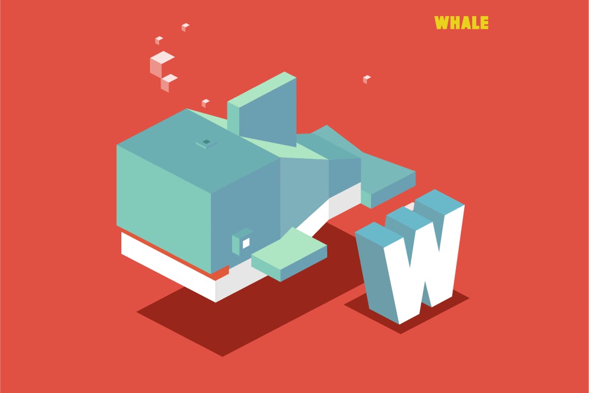 “W”鲸鱼动物词汇字母2.5D矢量插画素材 W for whale. Animal Alphabet