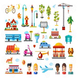 城市生活主题矢量扁平化设计图标合集 Urban objects – vector flat design icons set