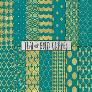 日式金箔波浪海洋主题背景纹理 Teal and Gold Foil Backgrounds