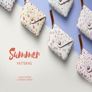 夏季可爱手绘水彩无缝插图 Watercolor Summer Patterns