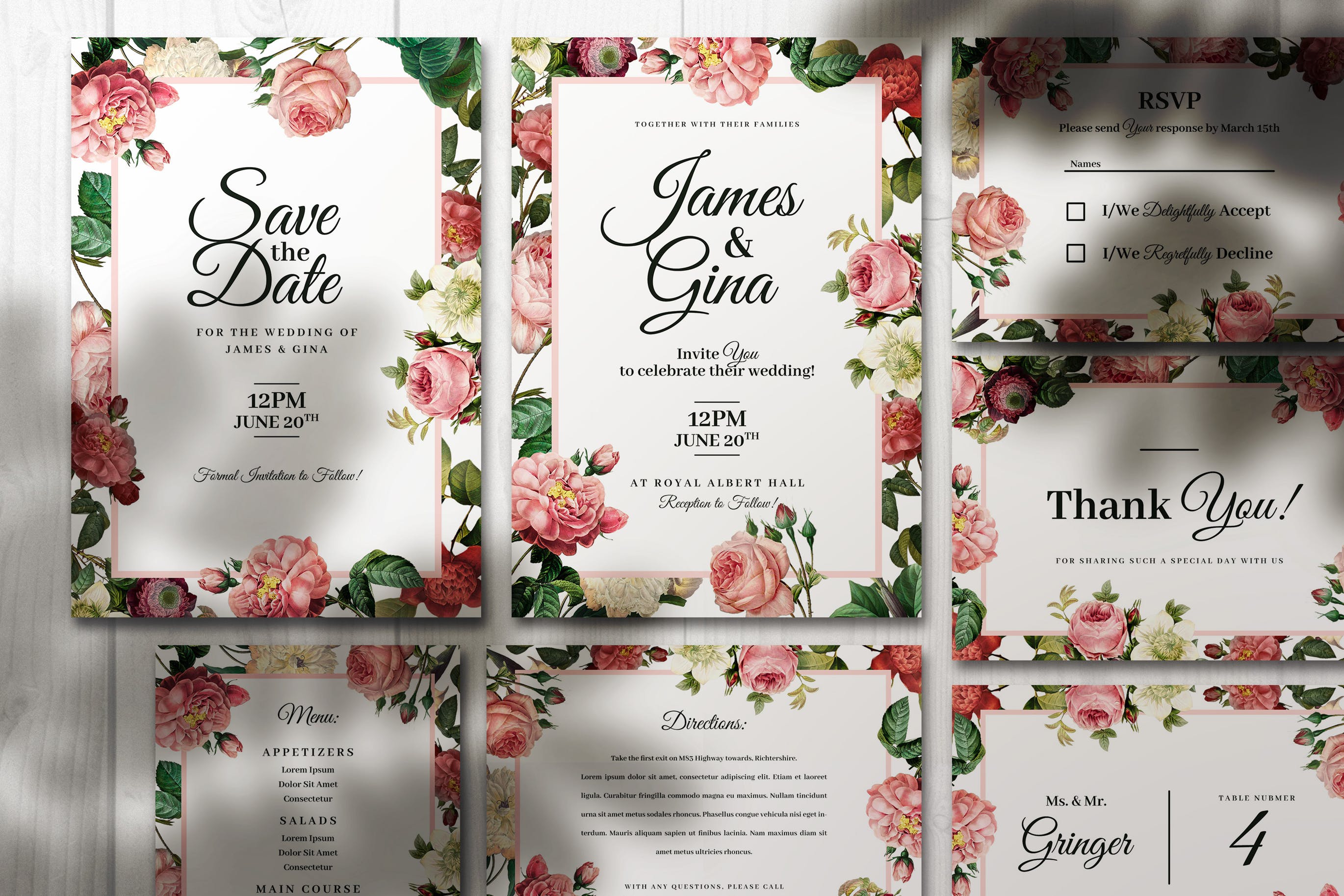 优雅花卉装饰婚宴邀请设计模板素材 Elegant Wedding Invitations With Flowers
