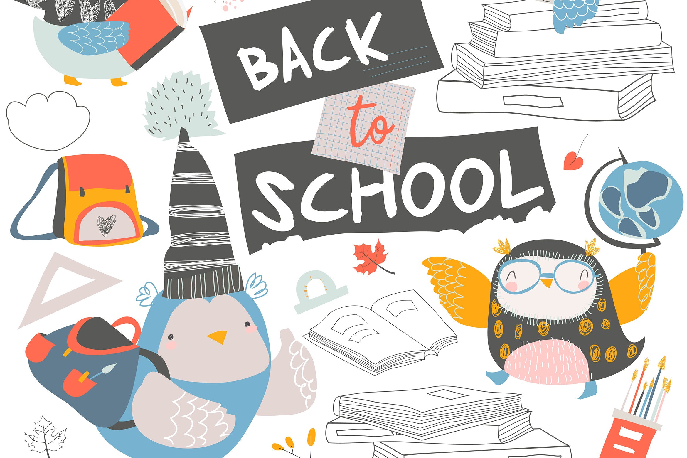 可爱卡通猫头鹰矢量手绘图案开学季设计素材 Set of cute owls with books. Back to school.