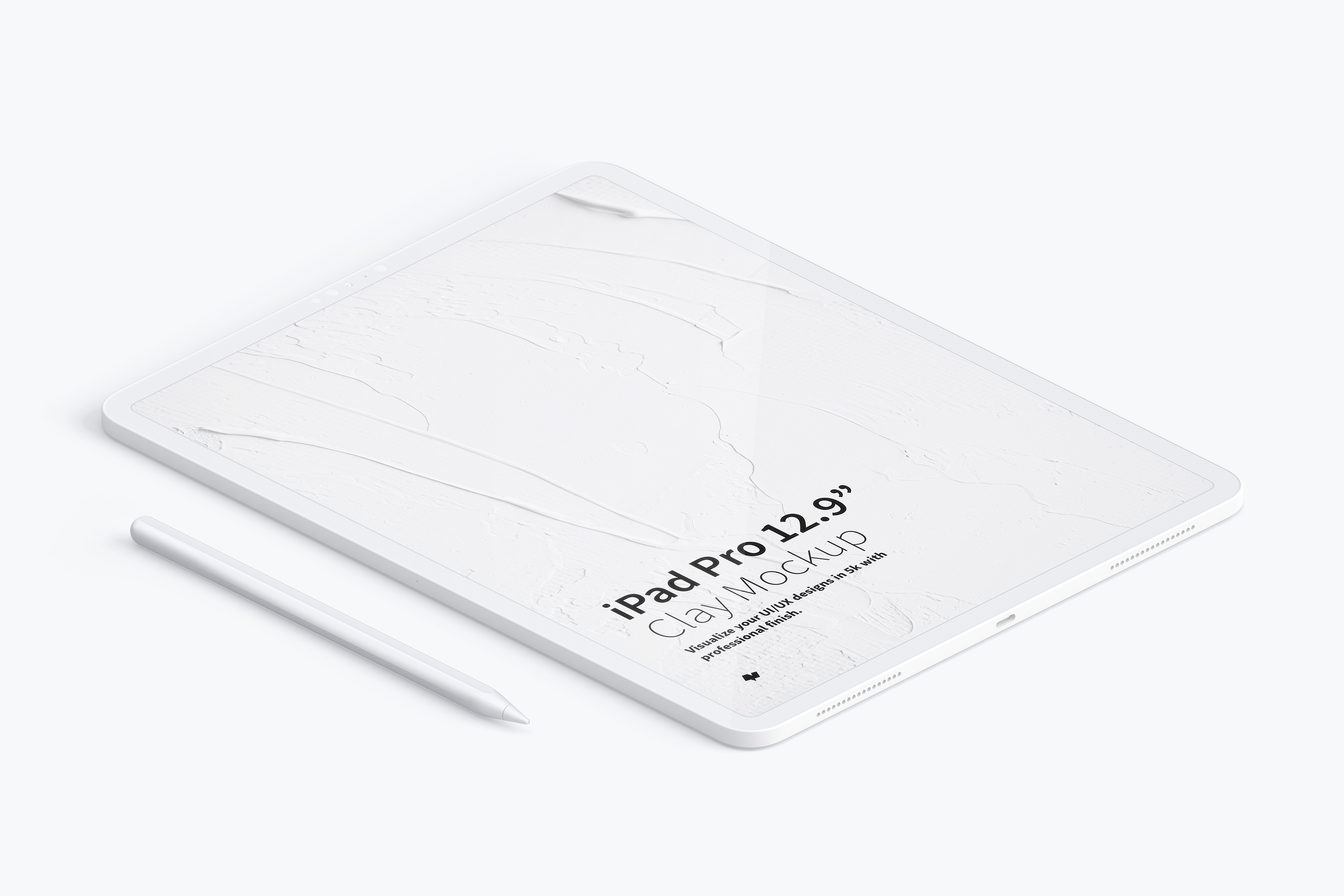 iPad Pro陶瓷黏土材质平板电脑UI界面设计等距左视图样机 Clay iPad Pro 12.9” Mockup, Isometric Left View
