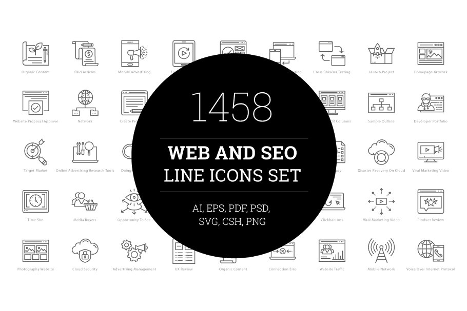 1458个Web&Seo网络营销主题线条图标 1458 Web and Seo Line Icons Set