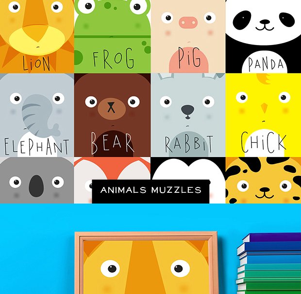 可爱动物嘴巴特写手绘卡通插图 Animals Muzzles