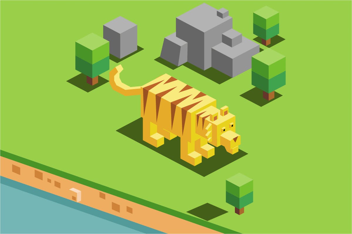 动物园老虎积木2.5D插画素材 tiger in a zoo