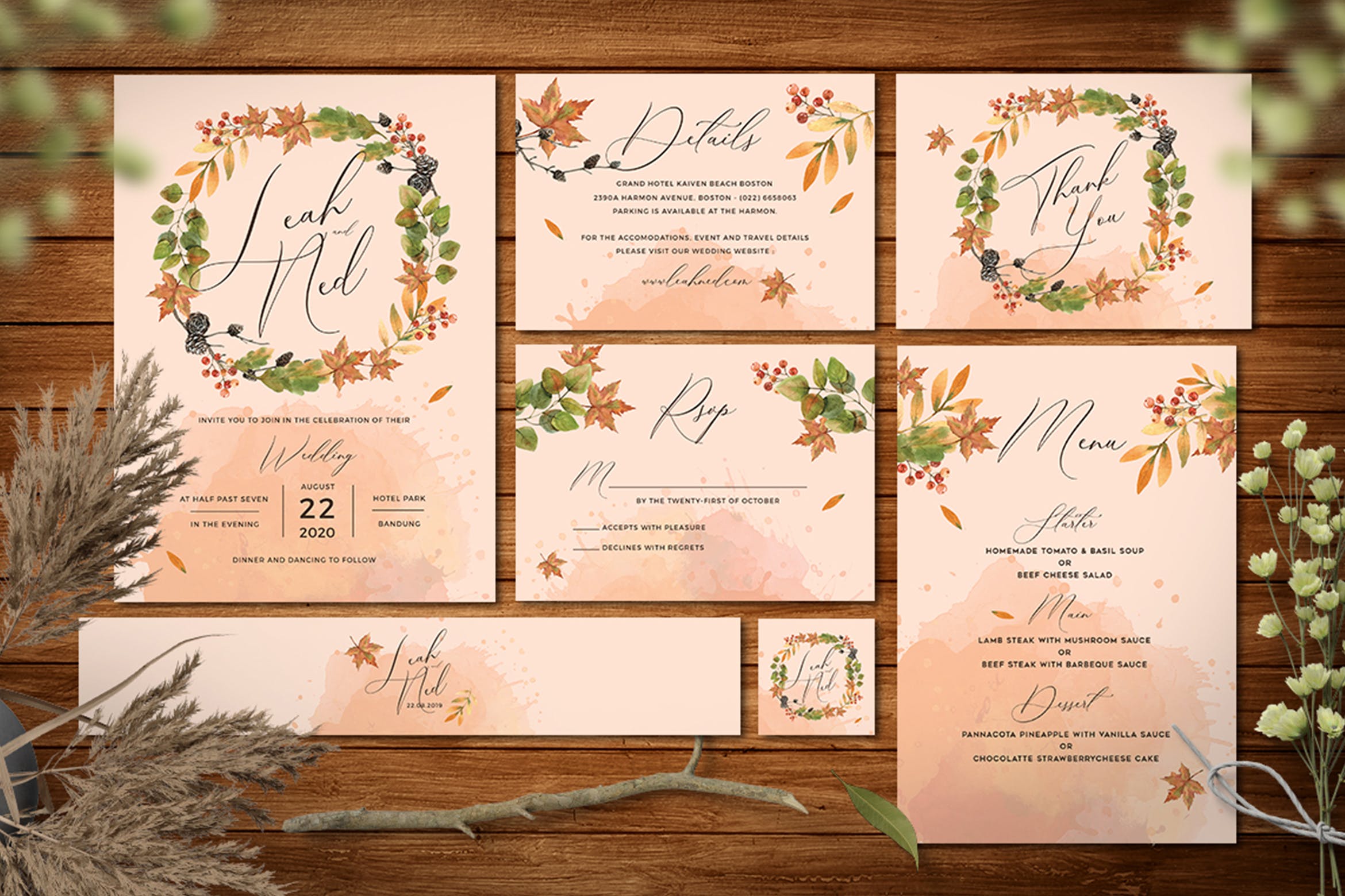 秋意盎然婚礼邀请函设计模板素材套装 Autumn Wedding Invitation