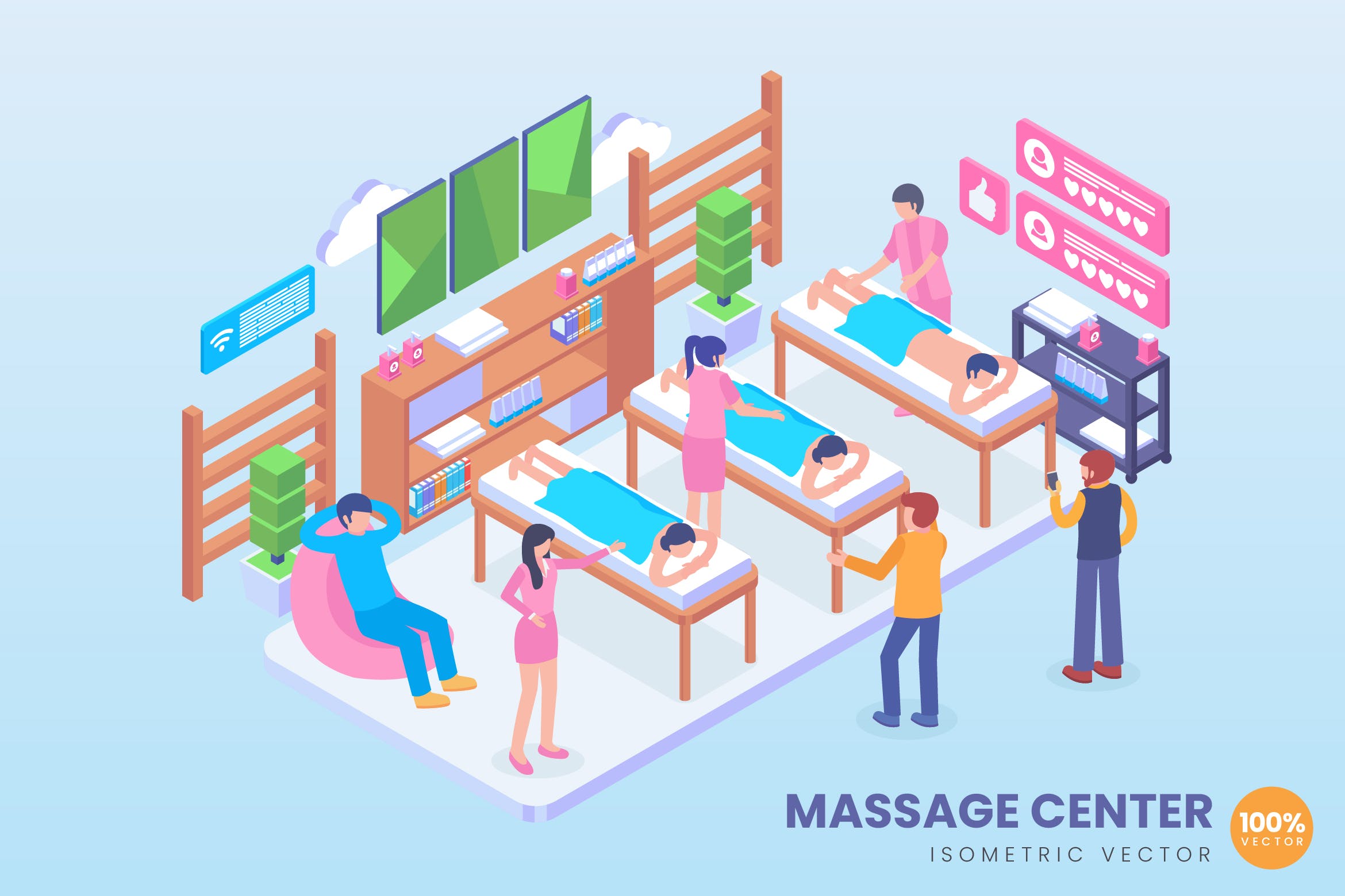 按摩休闲会所场景等距矢量概念插画 Isometric Massage Center Vector Concept