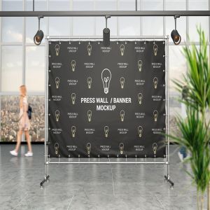 3款写实风格的布幔VI样机展示模型mockups