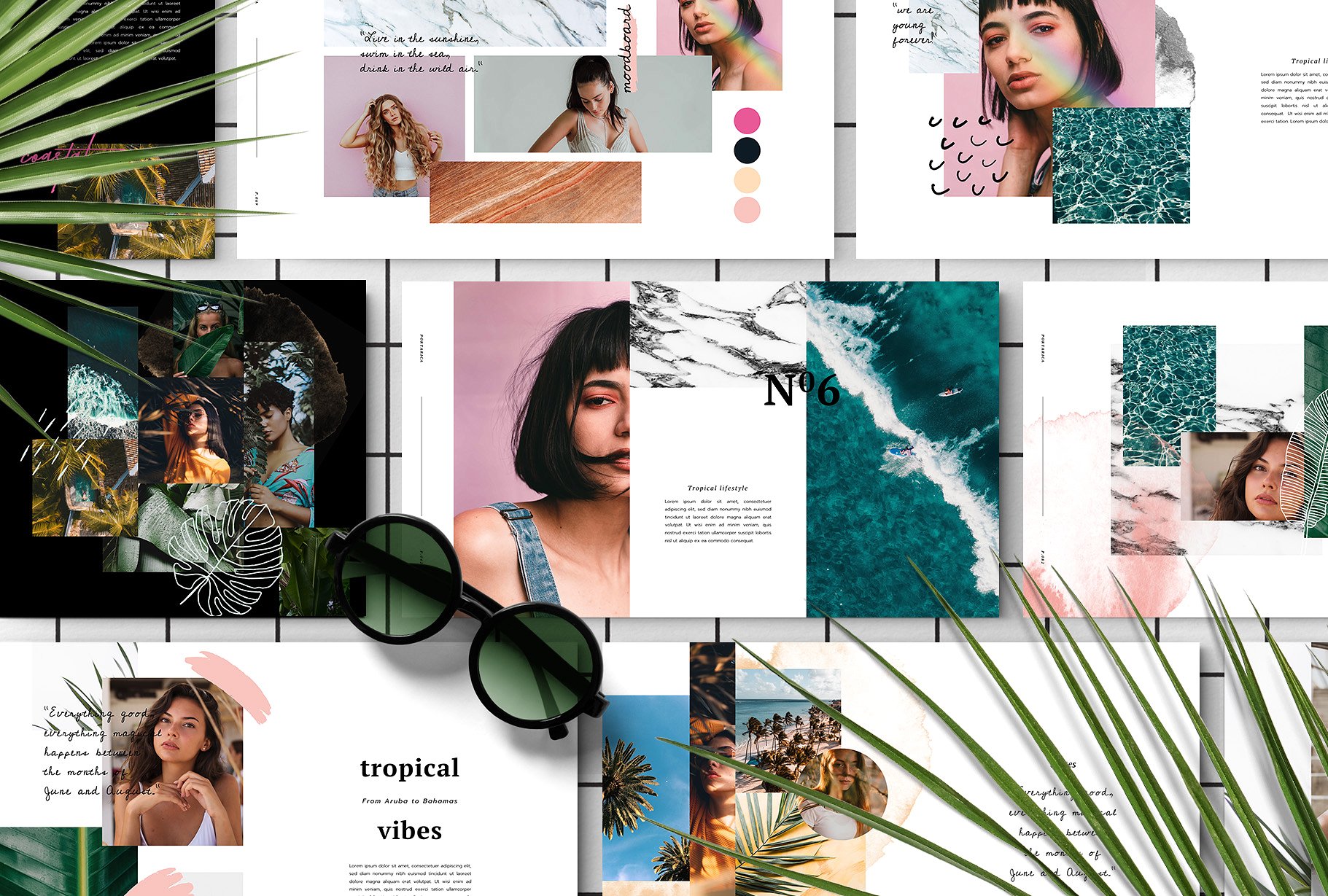 夏季热带主题剪贴簿/拼贴风格PPT幻灯片模板 PORTARICA – Powerpoint Template