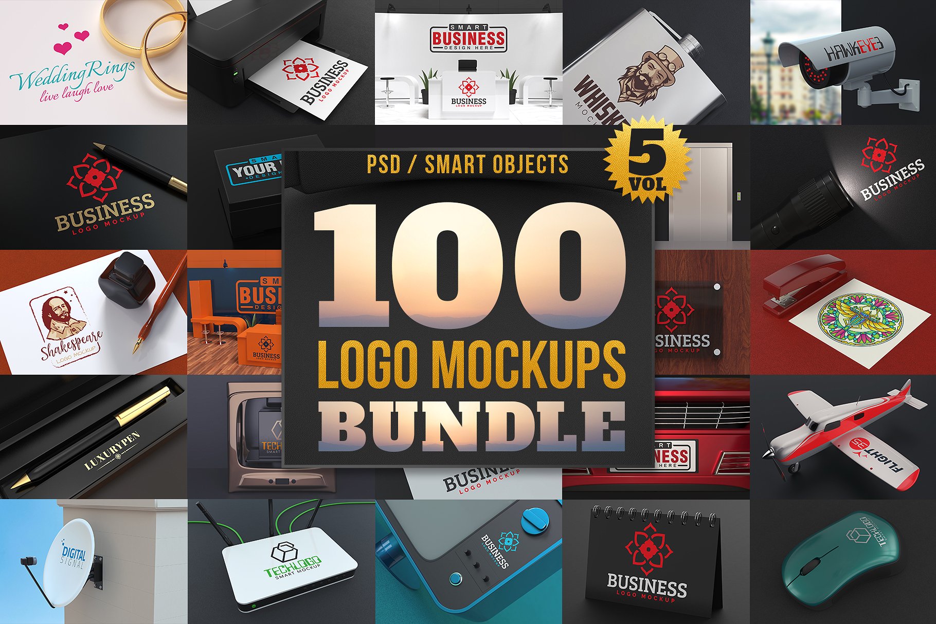 一流设计素材网下午茶：100个LOGO展示模型下载 100 Logo Mockups Bundle Vol.5–2.92 GB[psd,png,jpg]