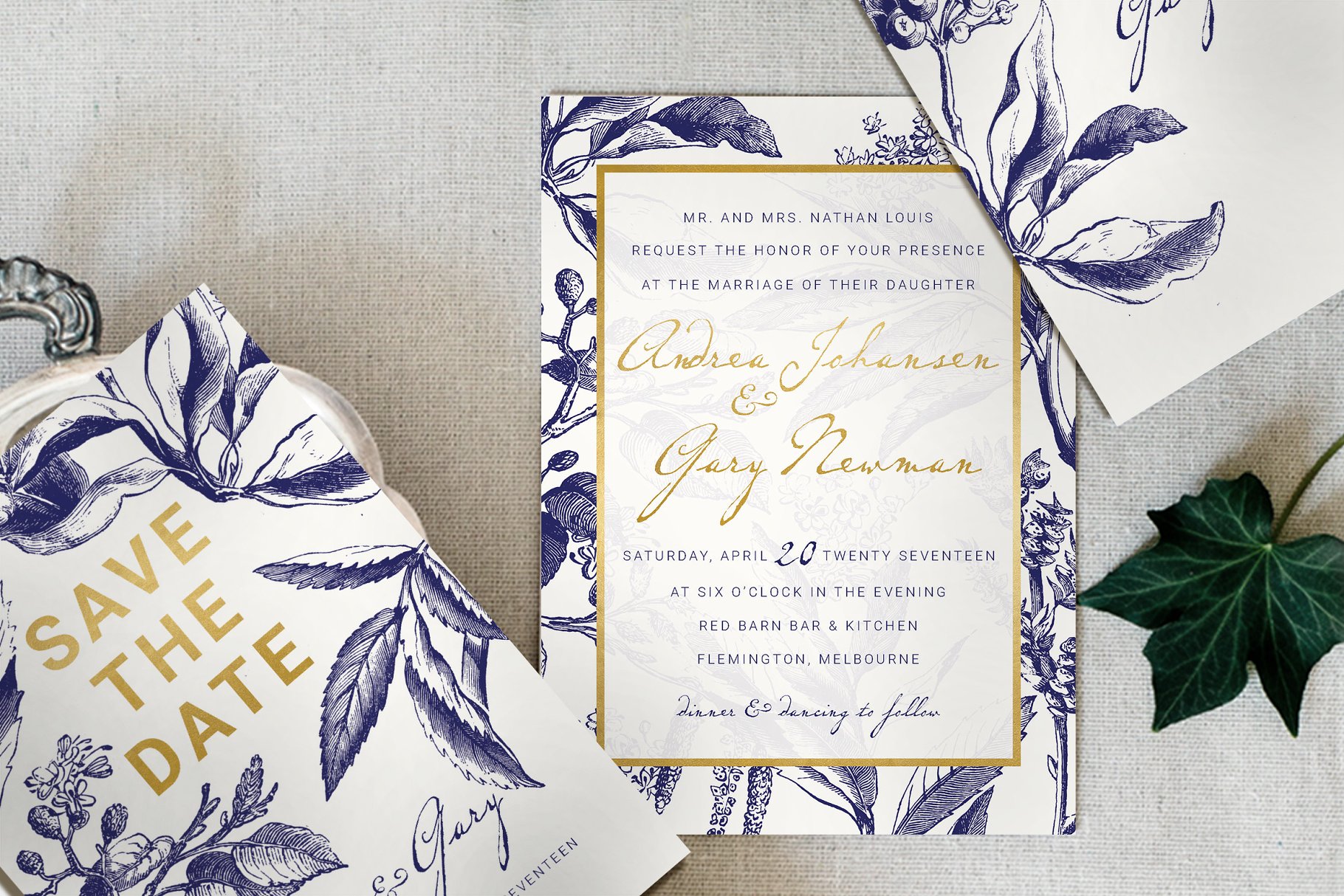 金色&海军蓝手绘图案插画婚礼邀请函设计模板 Gold & Navy Wedding Invitation Suite