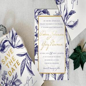 金色&海军蓝手绘图案插画婚礼邀请函设计模板 Gold & Navy Wedding Invitation Suite