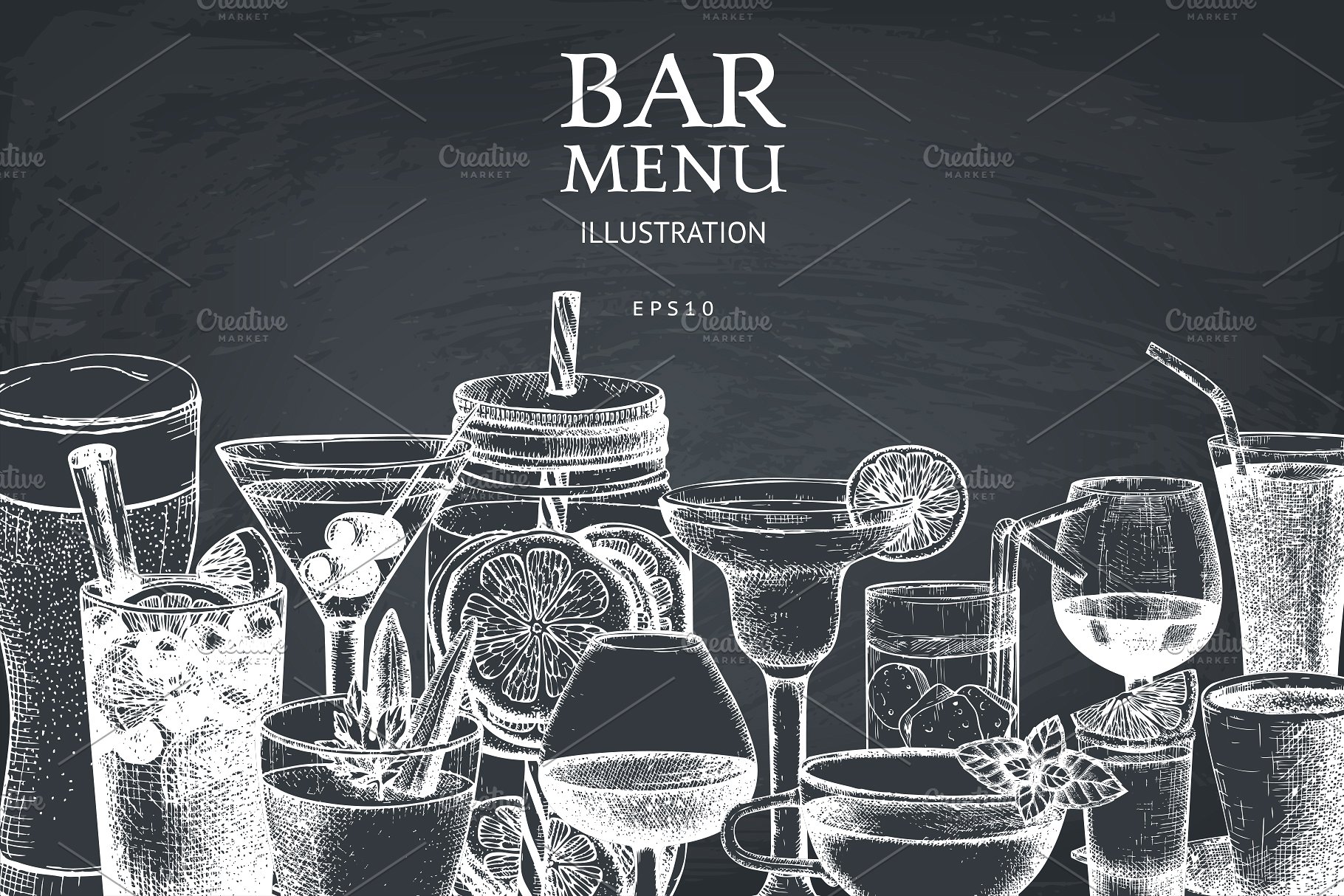 复古手绘酒吧冷饮黑板粉笔画 Vector Bar Menu On Chalkboard