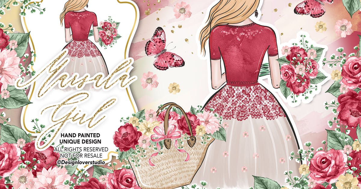 漂亮女孩水彩花卉插画婚礼设计素材 Marsala Girl design