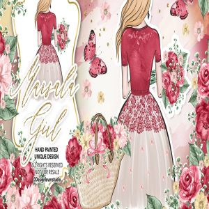 漂亮女孩水彩花卉插画婚礼设计素材 Marsala Girl design