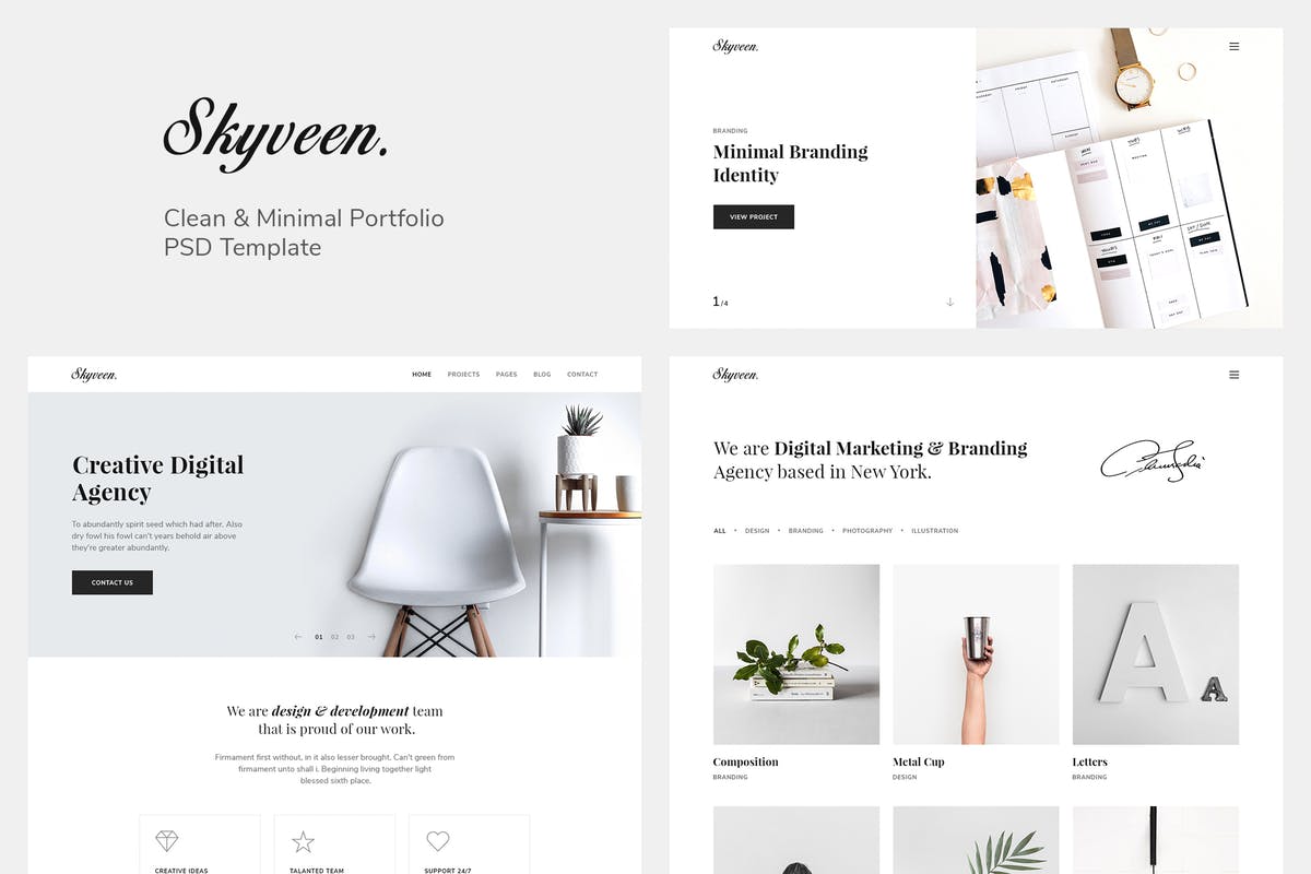 极简主义风格创意作品展示网站PSD模板 Skyveen – Minimal & Clean Portfolio PSD Template